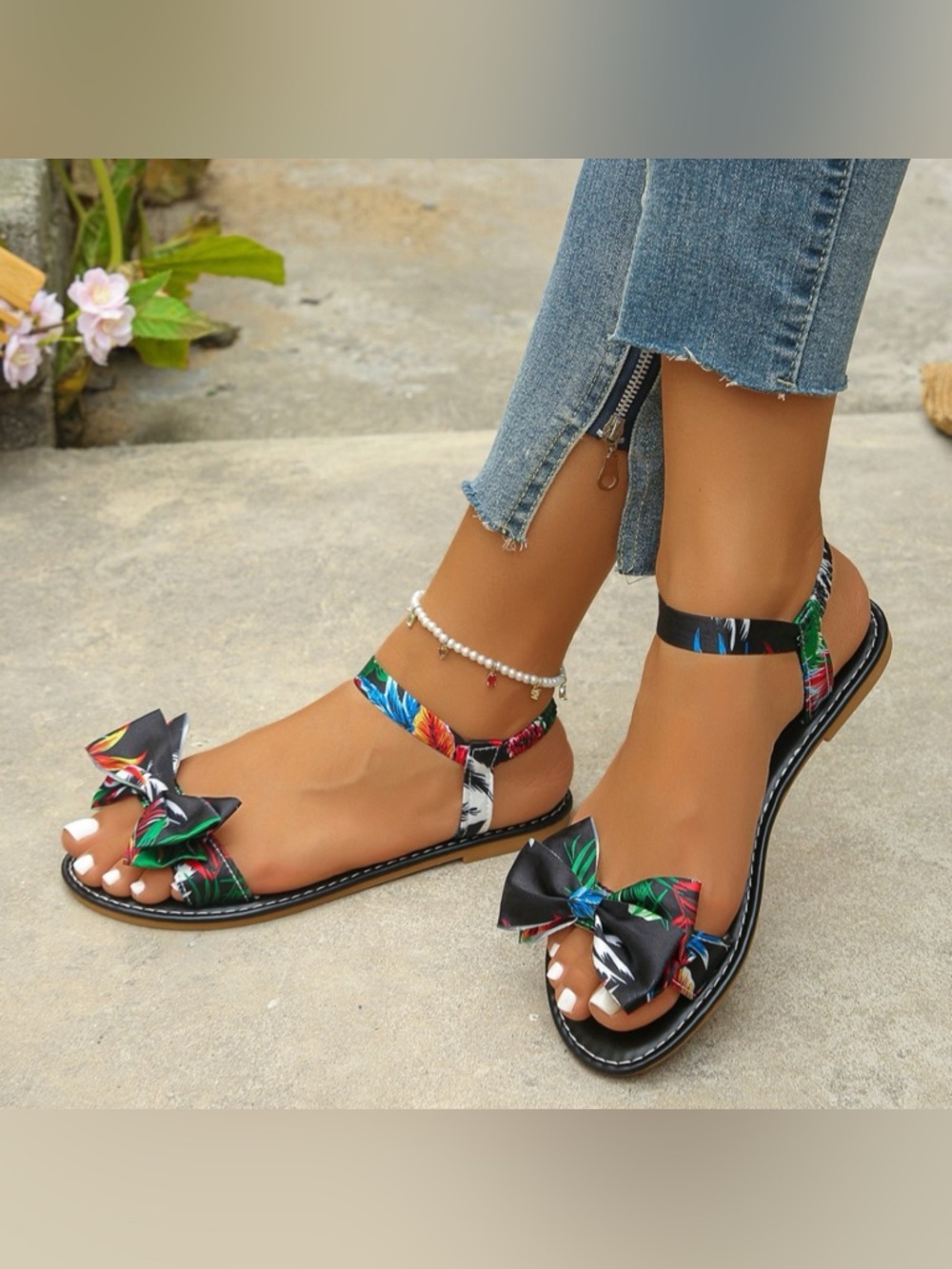 Floral Bowknot Ankle Strap Flat Sandals